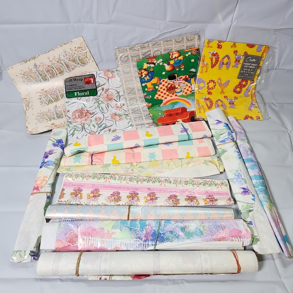 Mixed Lot of Vintage Gift Wrapping Paper 16 packs Sheet and Rolled Unused